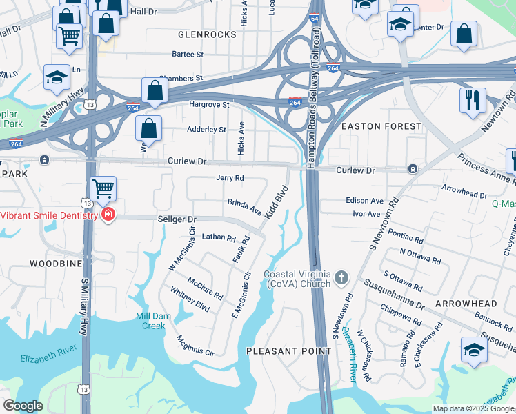 map of restaurants, bars, coffee shops, grocery stores, and more near 5952 Brinda Avenue in Norfolk