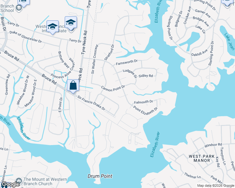 map of restaurants, bars, coffee shops, grocery stores, and more near 2904 Luxford Court in Chesapeake
