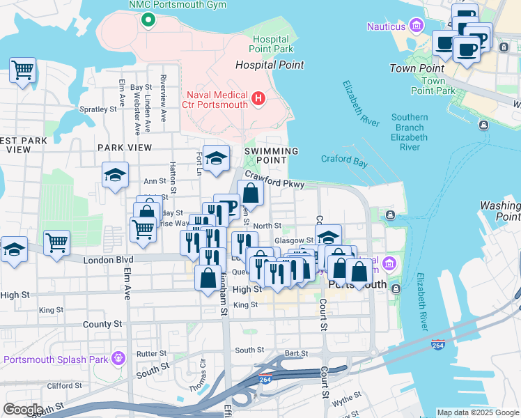 map of restaurants, bars, coffee shops, grocery stores, and more near 640 North Street in Portsmouth