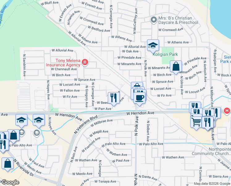 map of restaurants, bars, coffee shops, grocery stores, and more near 5562 West Beechwood Avenue in Fresno