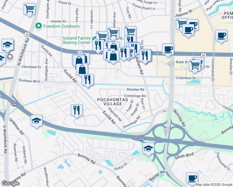 map of restaurants, bars, coffee shops, grocery stores, and more near 117 Narragansett Drive in Virginia Beach