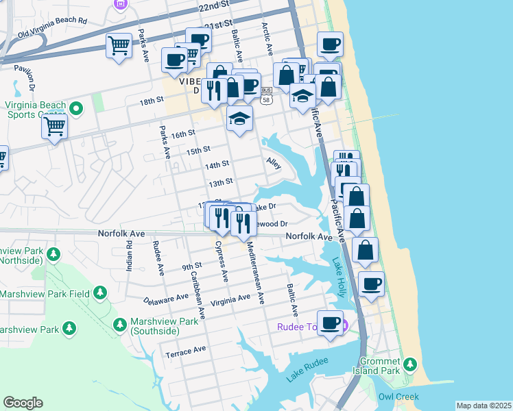 map of restaurants, bars, coffee shops, grocery stores, and more near 1001 Mediterranean Avenue in Virginia Beach