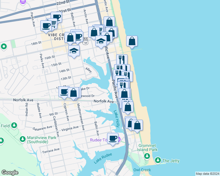 map of restaurants, bars, coffee shops, grocery stores, and more near 239 Lake Drive in Virginia Beach