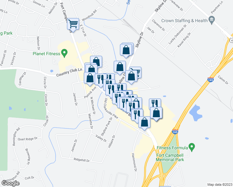map of restaurants, bars, coffee shops, grocery stores, and more near 2910 Fort Campbell Boulevard in Hopkinsville