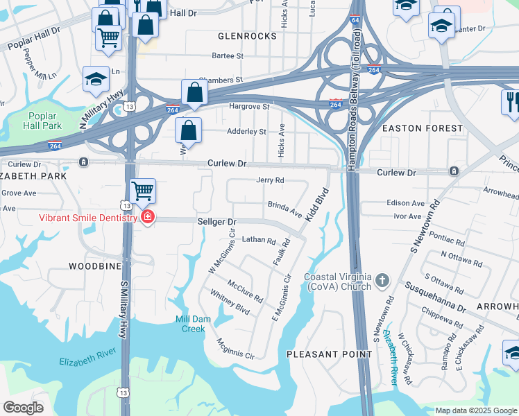 map of restaurants, bars, coffee shops, grocery stores, and more near 5932 Sellger Drive in Norfolk
