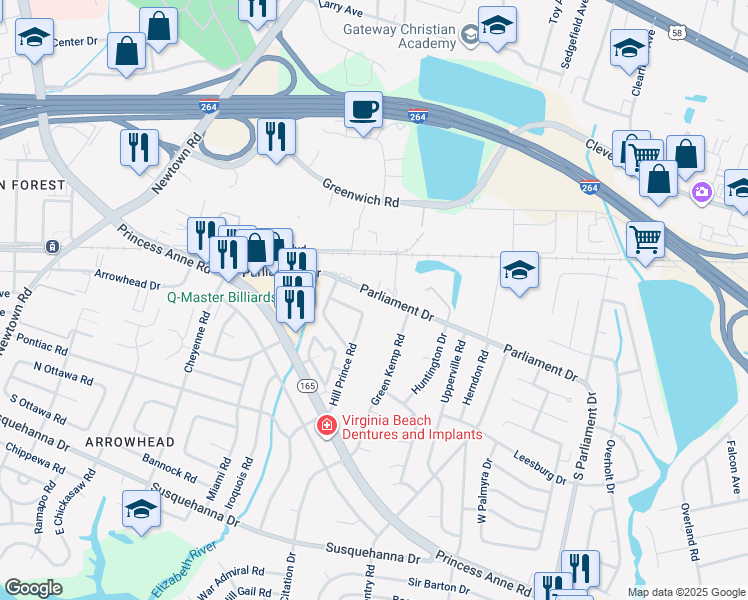 map of restaurants, bars, coffee shops, grocery stores, and more near 5505 Parliament Drive in Virginia Beach
