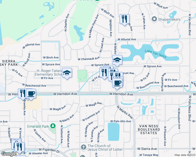 map of restaurants, bars, coffee shops, grocery stores, and more near 7062 North Refinement Drive in Fresno