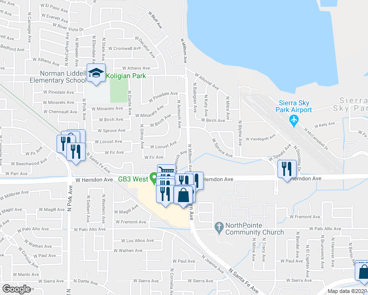 map of restaurants, bars, coffee shops, grocery stores, and more near 7087 North Antioch Avenue in Fresno