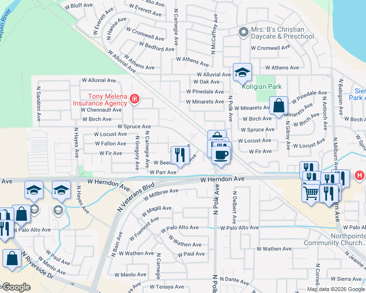 map of restaurants, bars, coffee shops, grocery stores, and more near 5562 West Beechwood Avenue in Fresno