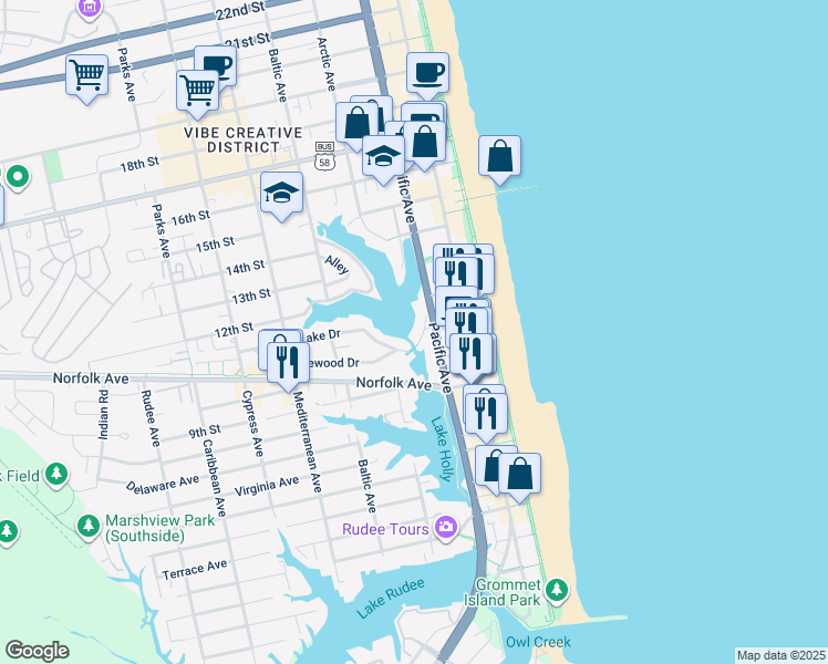 map of restaurants, bars, coffee shops, grocery stores, and more near 231 Lake Drive in Virginia Beach