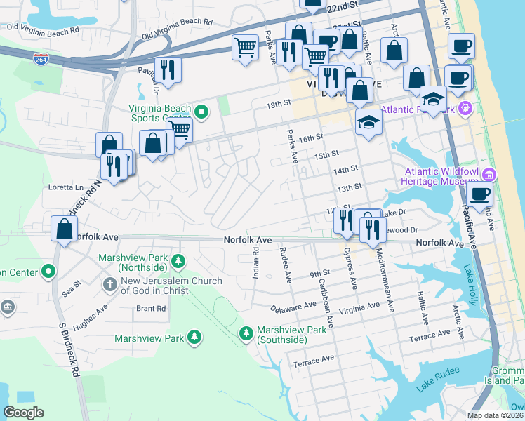 map of restaurants, bars, coffee shops, grocery stores, and more near in Virginia Beach