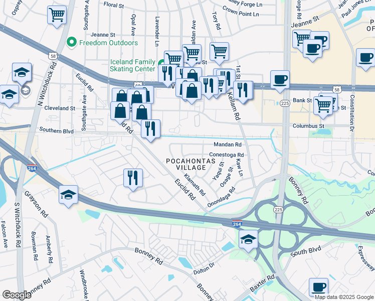 map of restaurants, bars, coffee shops, grocery stores, and more near 4924 Klamath Road in Virginia Beach