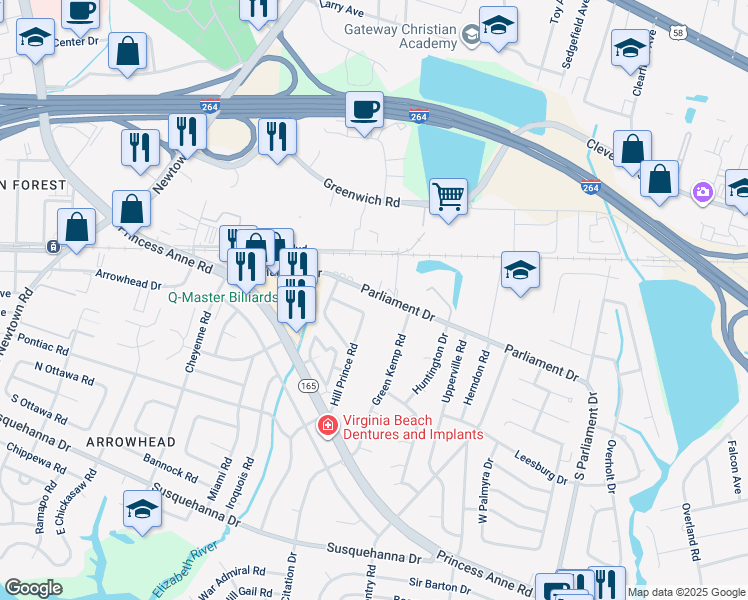 map of restaurants, bars, coffee shops, grocery stores, and more near 5505 Parliament Drive in Virginia Beach