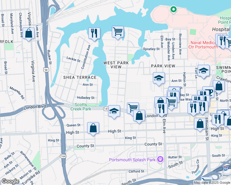 map of restaurants, bars, coffee shops, grocery stores, and more near 1704 Holladay Street in Portsmouth