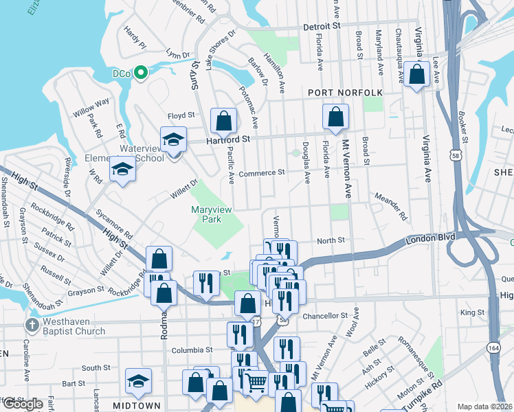 map of restaurants, bars, coffee shops, grocery stores, and more near 933 Potomac Avenue in Portsmouth