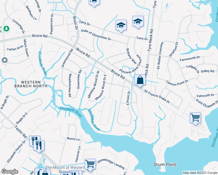 map of restaurants, bars, coffee shops, grocery stores, and more near 2833 Meadow Drive in Chesapeake