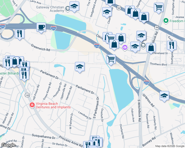 map of restaurants, bars, coffee shops, grocery stores, and more near 5349 Academy Road in Virginia Beach