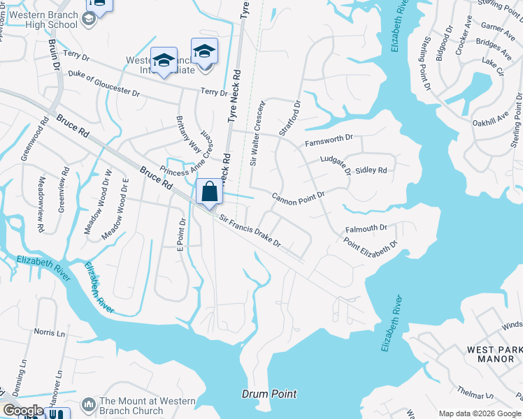 map of restaurants, bars, coffee shops, grocery stores, and more near 3843 Whitechapel Arch in Chesapeake