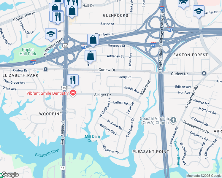 map of restaurants, bars, coffee shops, grocery stores, and more near 5901 Brinda Avenue in Norfolk
