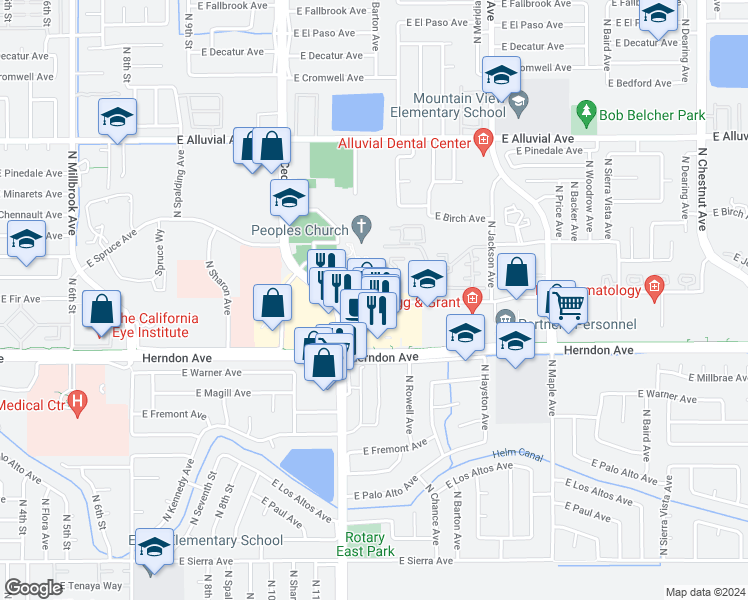 map of restaurants, bars, coffee shops, grocery stores, and more near 1842 East Fir Avenue in Fresno