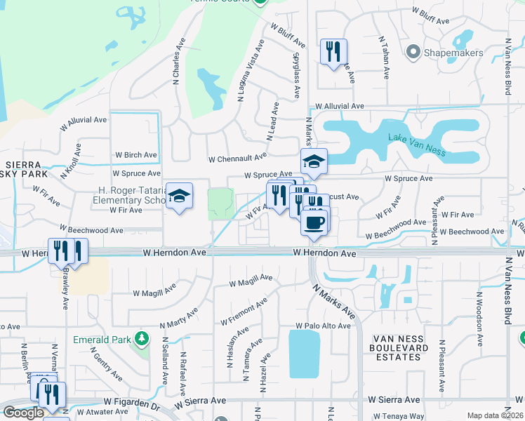 map of restaurants, bars, coffee shops, grocery stores, and more near 7062 North Refinement Drive in Fresno