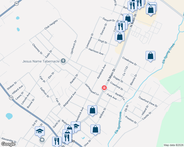 map of restaurants, bars, coffee shops, grocery stores, and more near 801-811 Ridgewood Avenue in Monticello