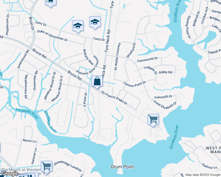 map of restaurants, bars, coffee shops, grocery stores, and more near 2912 Sir Thomas Drive in Chesapeake