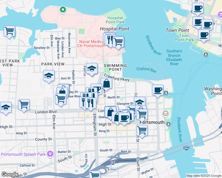 map of restaurants, bars, coffee shops, grocery stores, and more near 320 Washington Street in Portsmouth