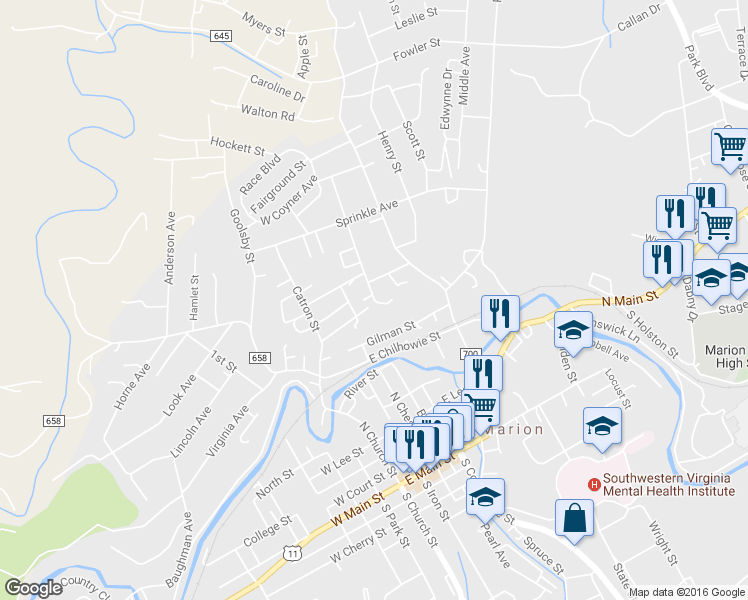 map of restaurants, bars, coffee shops, grocery stores, and more near 506 Dover Street in Marion