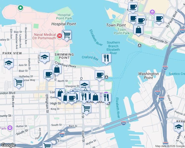 map of restaurants, bars, coffee shops, grocery stores, and more near 14 Crawford Parkway in Portsmouth