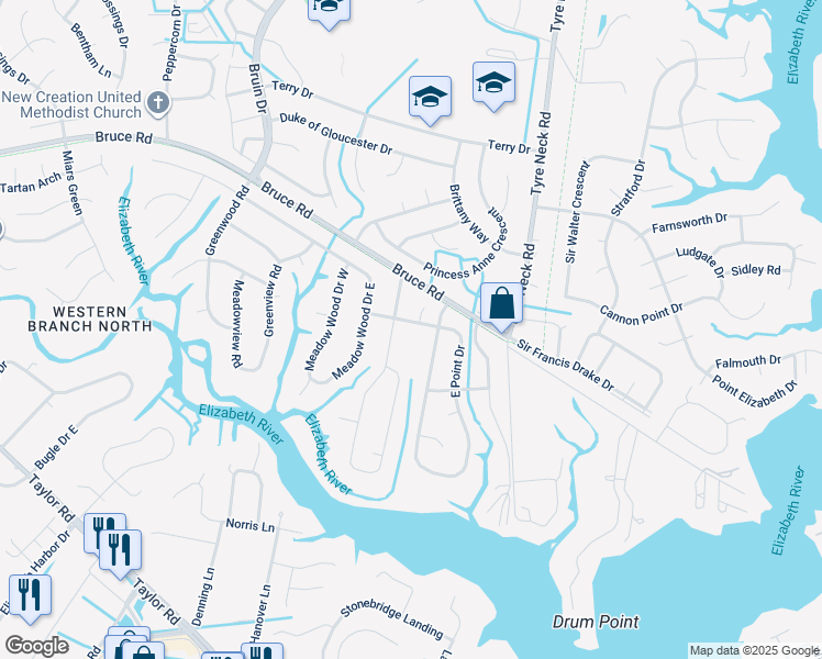 map of restaurants, bars, coffee shops, grocery stores, and more near 2904 Meadow Forest Road in Chesapeake