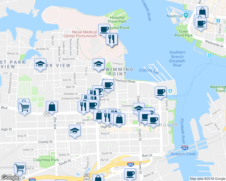 map of restaurants, bars, coffee shops, grocery stores, and more near 320 Washington Street in Portsmouth