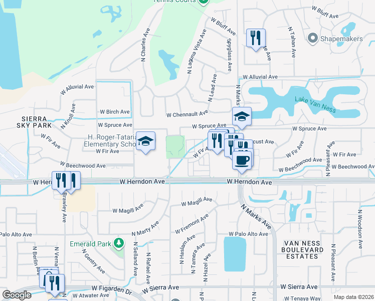 map of restaurants, bars, coffee shops, grocery stores, and more near 7141 North Fusion Drive in Fresno