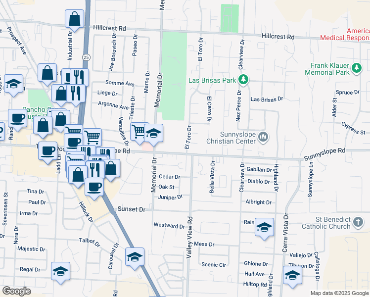 map of restaurants, bars, coffee shops, grocery stores, and more near 1390 El Toro Drive in Hollister