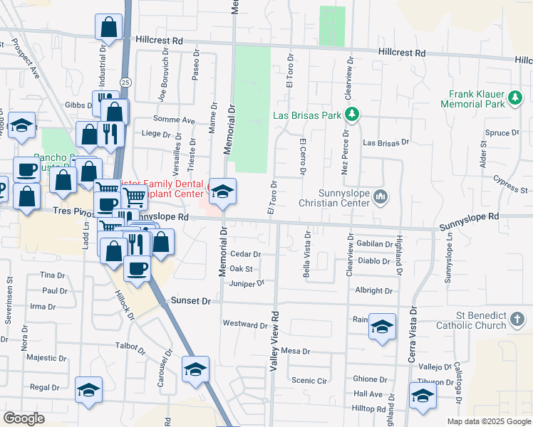 map of restaurants, bars, coffee shops, grocery stores, and more near 1390 El Toro Drive in Hollister
