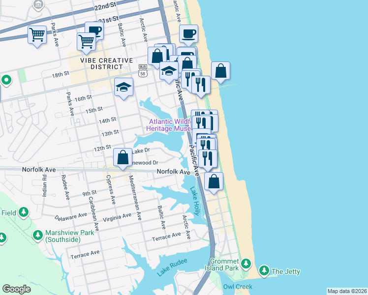 map of restaurants, bars, coffee shops, grocery stores, and more near 1112 Pacific Avenue in Virginia Beach