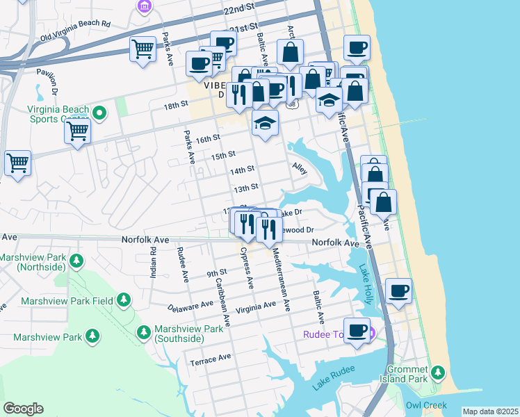 map of restaurants, bars, coffee shops, grocery stores, and more near 527 12th Street in Virginia Beach