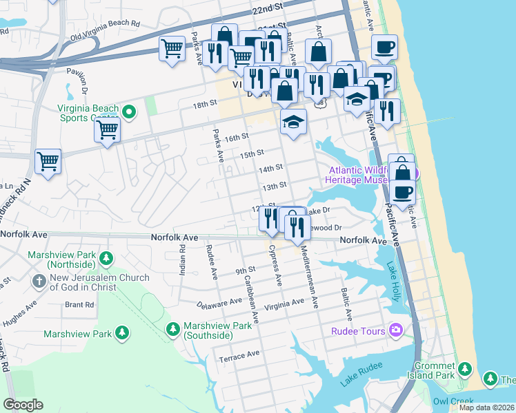 map of restaurants, bars, coffee shops, grocery stores, and more near in Virginia Beach