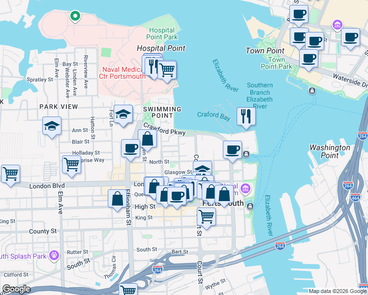 map of restaurants, bars, coffee shops, grocery stores, and more near 415 Waverly Boulevard in Portsmouth