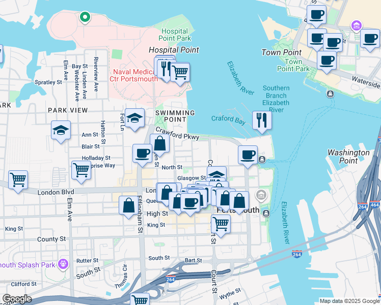 map of restaurants, bars, coffee shops, grocery stores, and more near 415 Waverly Boulevard in Portsmouth