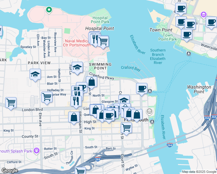 map of restaurants, bars, coffee shops, grocery stores, and more near 309 Worthington Square in Portsmouth