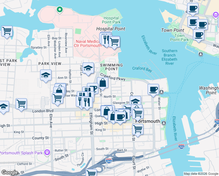 map of restaurants, bars, coffee shops, grocery stores, and more near 306 Washington Street in Portsmouth