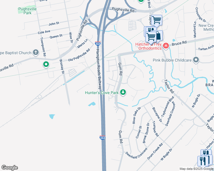 map of restaurants, bars, coffee shops, grocery stores, and more near 4621 Hunting Wood Road in Chesapeake