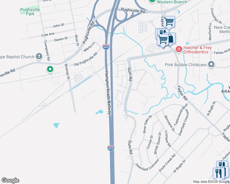map of restaurants, bars, coffee shops, grocery stores, and more near 4621 Hunting Wood Road in Chesapeake