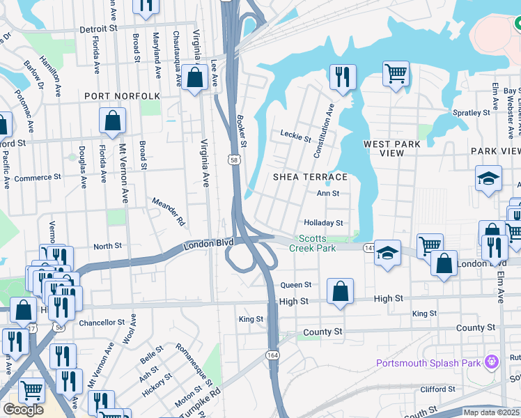 map of restaurants, bars, coffee shops, grocery stores, and more near 309 Plover Drive in Portsmouth