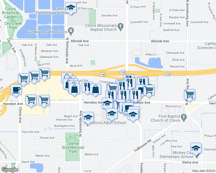 map of restaurants, bars, coffee shops, grocery stores, and more near 668 North Bundy Avenue in Clovis
