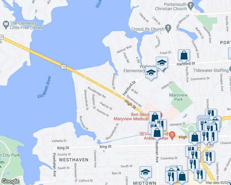 map of restaurants, bars, coffee shops, grocery stores, and more near 3751 High Street in Portsmouth