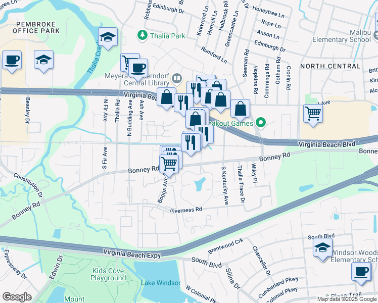 map of restaurants, bars, coffee shops, grocery stores, and more near 4001-117 Virginia Beach Boulevard in Virginia Beach