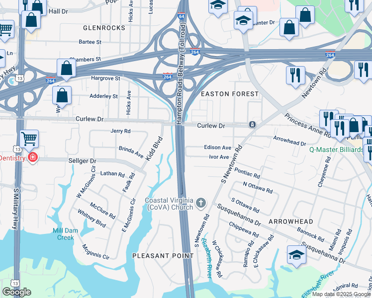 map of restaurants, bars, coffee shops, grocery stores, and more near 6041 Edison Avenue in Norfolk