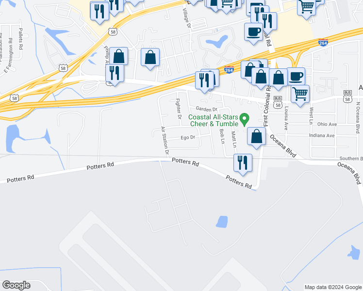 map of restaurants, bars, coffee shops, grocery stores, and more near 1840 South Streamline Drive in Virginia Beach